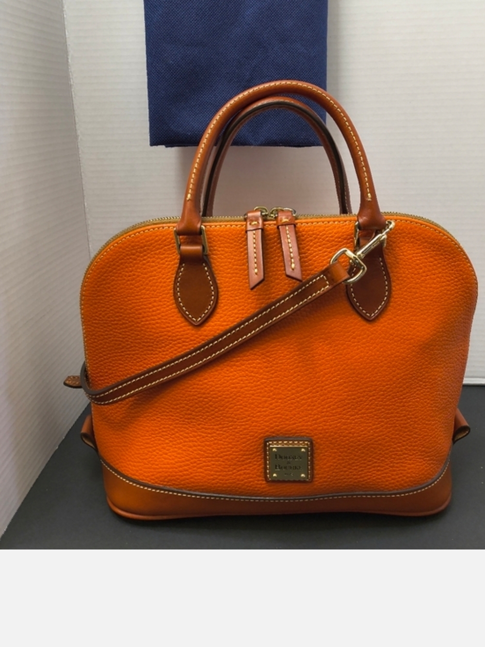 VTG Dooney & Bourke Zip Zip Orange/Tangerine Pebbled Ltr Satchel W Brn Ltr Trim